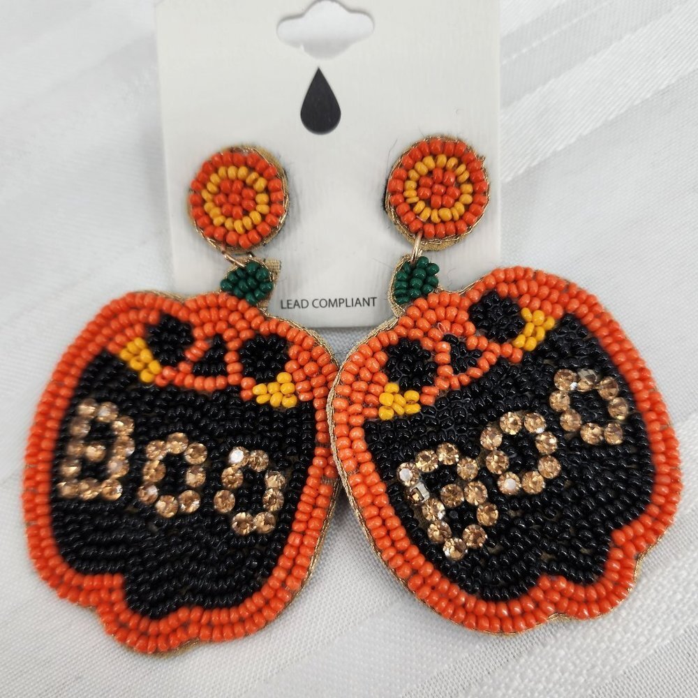 Pumpkin Seed Bead Halloween Earrings NWT - Picture 3 of 4